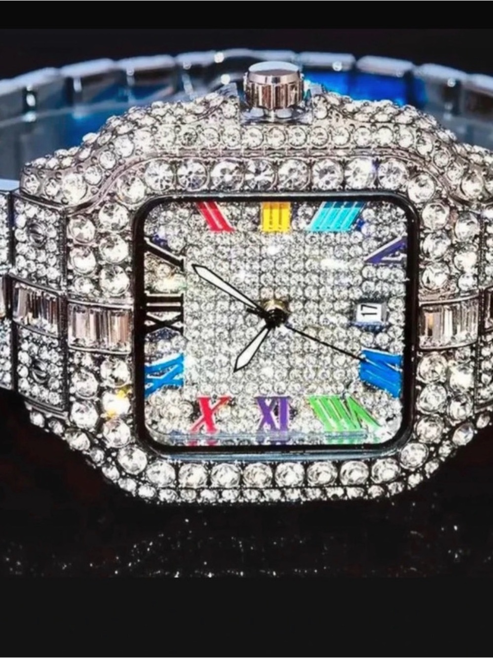 Crystal Pavé Square men’s Watch with Multicolor Roman Numerals